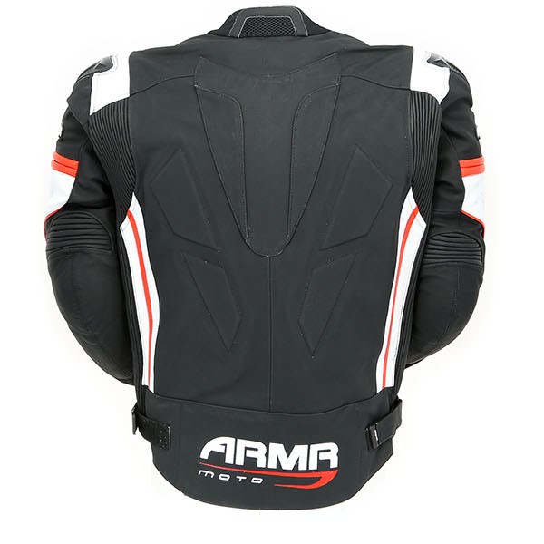 White ARMR Moto Raiden Motorcycle Leather Jacket Red Black