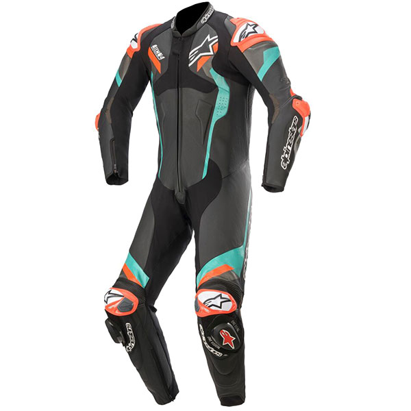 Image of Alpinestars Atem V4 One Piece Leather Suit - Black / Petrol / Red Fluo