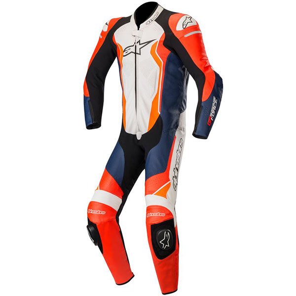 Image of Alpinestars GP Force Leather 1 Piece Suit - Fluo Red / Black / White / Fluo Orange