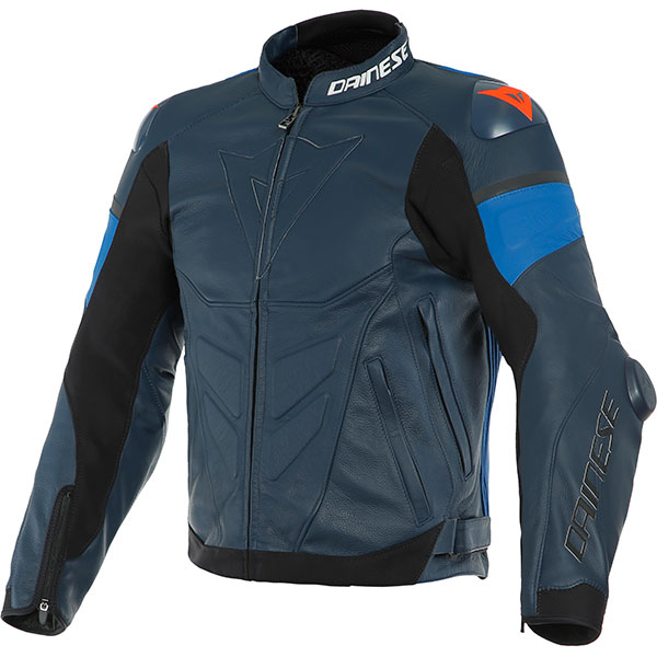 Image of Dainese Super Race Leather Jacket - Black Iris / Light Blue / Fluo Red