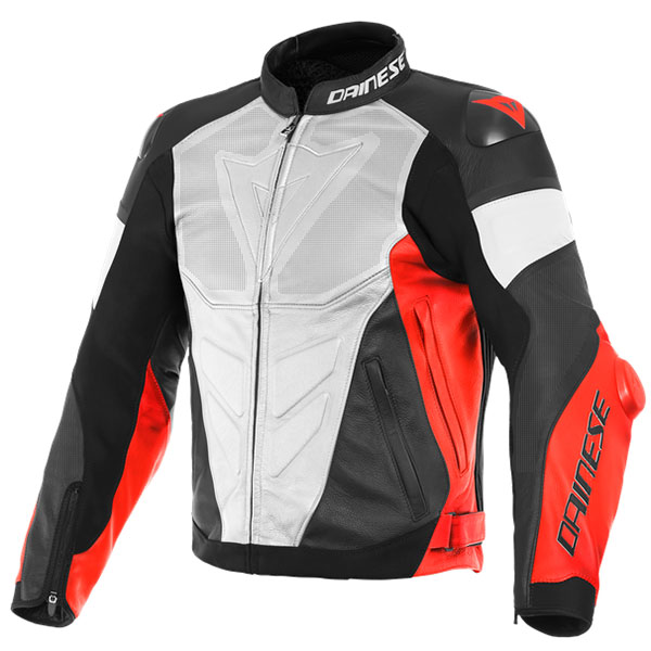 Image of Dainese Super Race Perforated Leather Jacket - White / Fluo Red / Matt Black