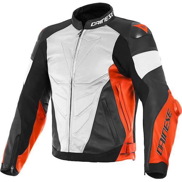 Image of Dainese Super Race Leather Jacket - White / Fluo Red / Matt Black