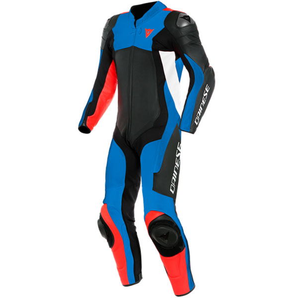 Image of Dainese Assen 2 Perforated 1 Piece Leather Suit - Black / Light Blue / Fluo Red