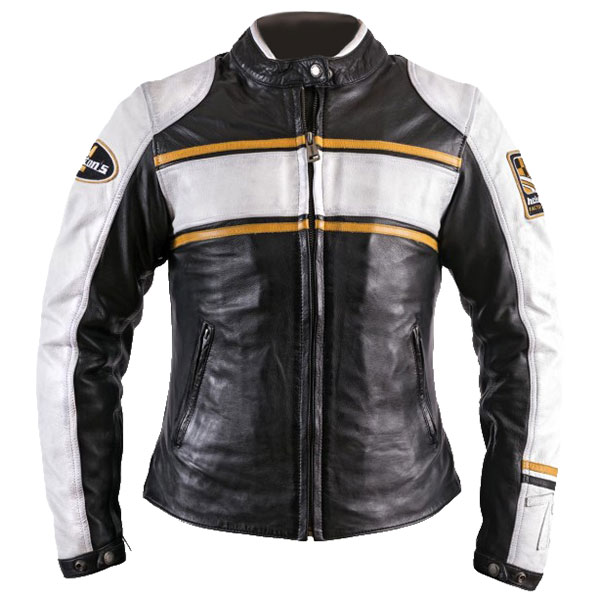 Image of Helstons Ladies Leather Winner Jacket - Black / White / Yellow