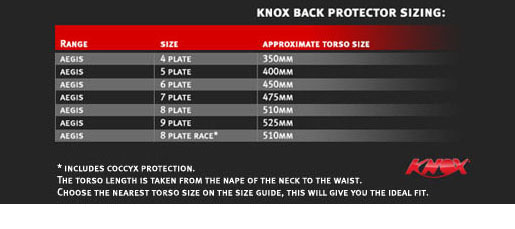 Knox back protector sizing chart