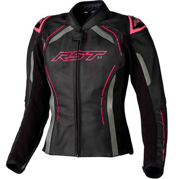 RST Ladies S-1 CE Leather Jacket - Black / Neon Pink - FREE UK DELIVERY